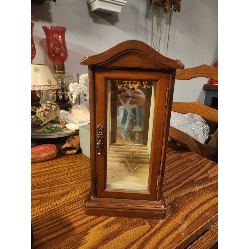 Vintage Wood Upright Jewelry Box, Floral Etched Glass‎ Door, Made In Taiwan Rare